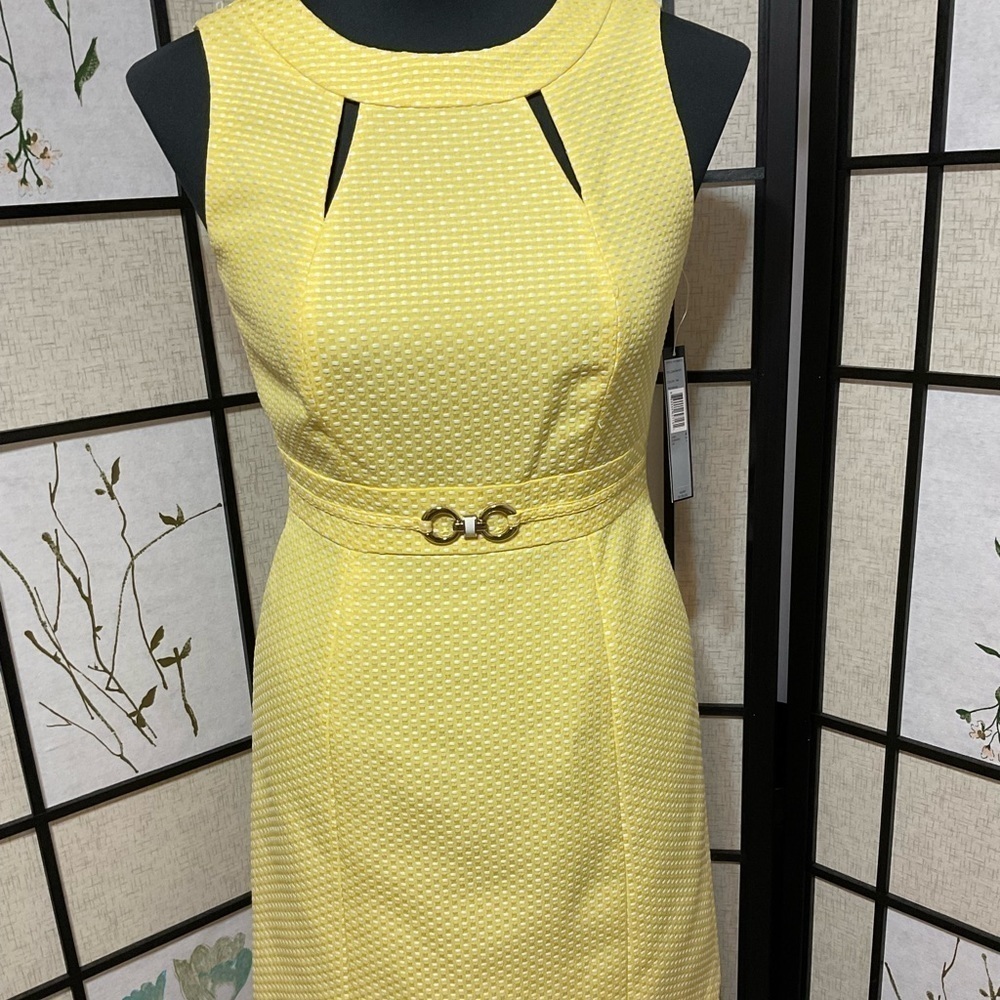 TAHARI Larry Lavine Yellow & White Polka Dot Sleeveless Dress